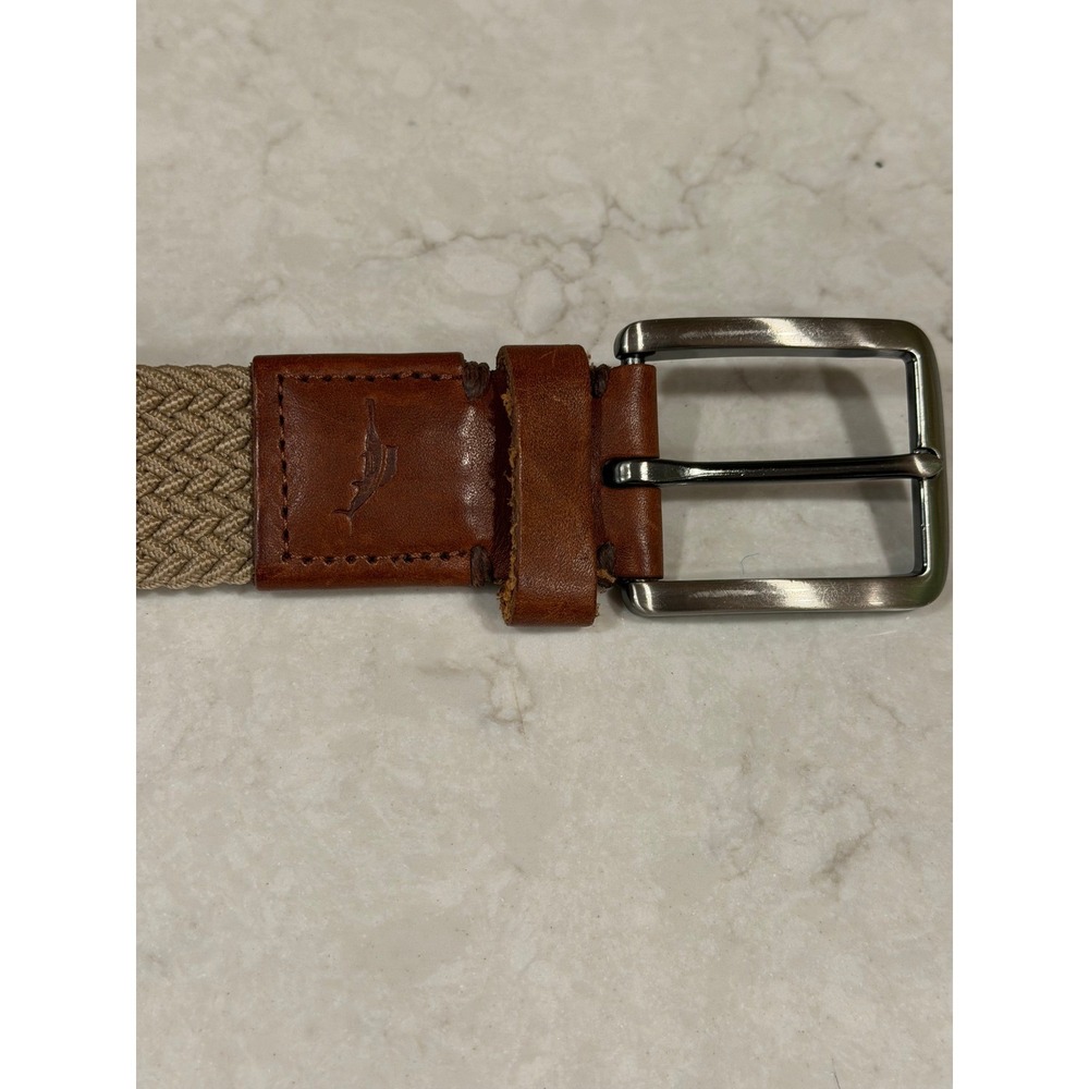 Tommy Bahama Mens Braided Elastic Stretch Belt Khaki Tan Brown Leather Trim L/XL